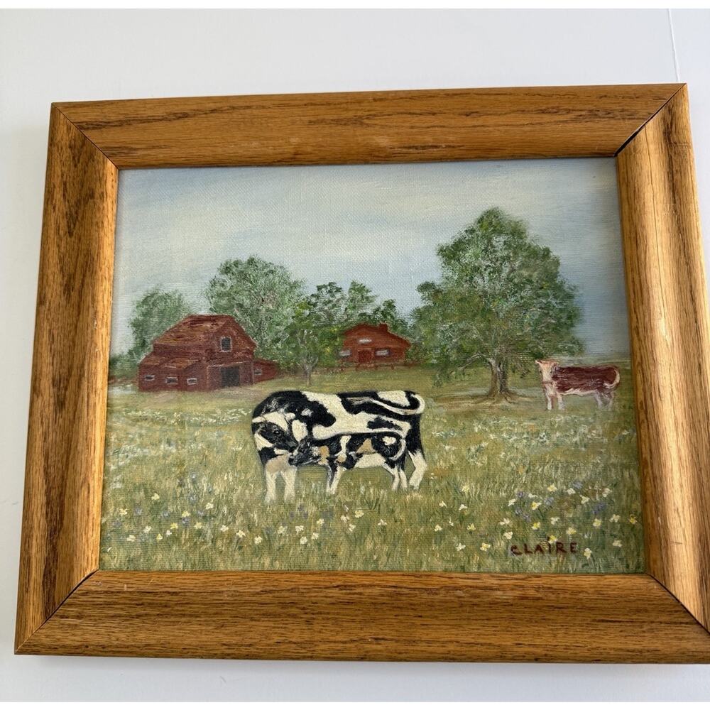 Vtg Framed Acrylic Painting Farm Cows In Pasture Signed Claire Dougherty Barn
